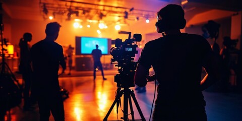 Fototapeta premium Dynamic Studio Setting Featuring Film Crew Silhouettes