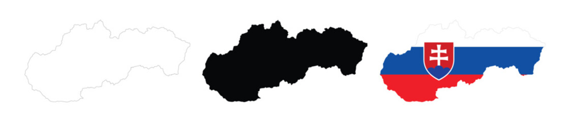 Slovakia map in various style outline, icon, black color, border, flag colors. Europe country icons collection. Vector illustration