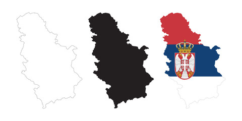 Serbia map in various style outline, icon, black color, border, flag colors. Europe country icons collection. Vector illustration