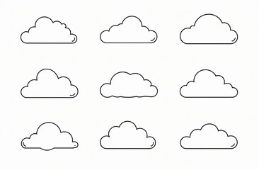 Set of clouds in a linear style. Cloud in line or outline collection. Vector illustration