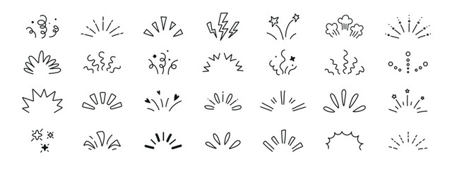 Line confetti exclamation icon elements. Doodle line rays. Abstract radial sunburst light shine spark explosion elements. Hand drawn sun burst sparkle vector collection.
