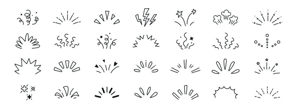 Line confetti exclamation icon elements. Doodle line rays. Abstract radial sunburst light shine spark explosion elements. Hand drawn sun burst sparkle vector collection.