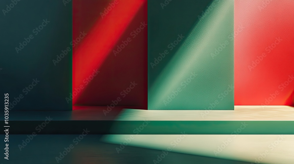 Poster clean and contemporary abstract background in green and red, with subtle light and shadow, perfect f