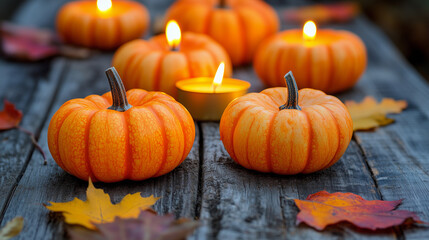 Thanksgiving harvest pumpkins with leaves candles on rustic farm wooden table in autumn. Closeup view.
