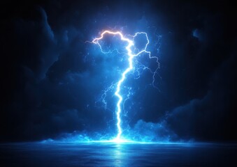Dramatic lightning strikes the ocean, illuminating the night sky with vibrant blue hues.