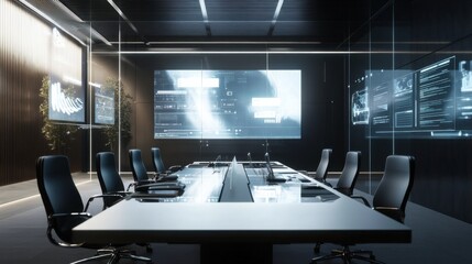 A cutting-edge workspace with a holographic projector for virtual meetings and a smart whiteboard that syncs with cloud storage, Innovative work environment theme, Sleek style