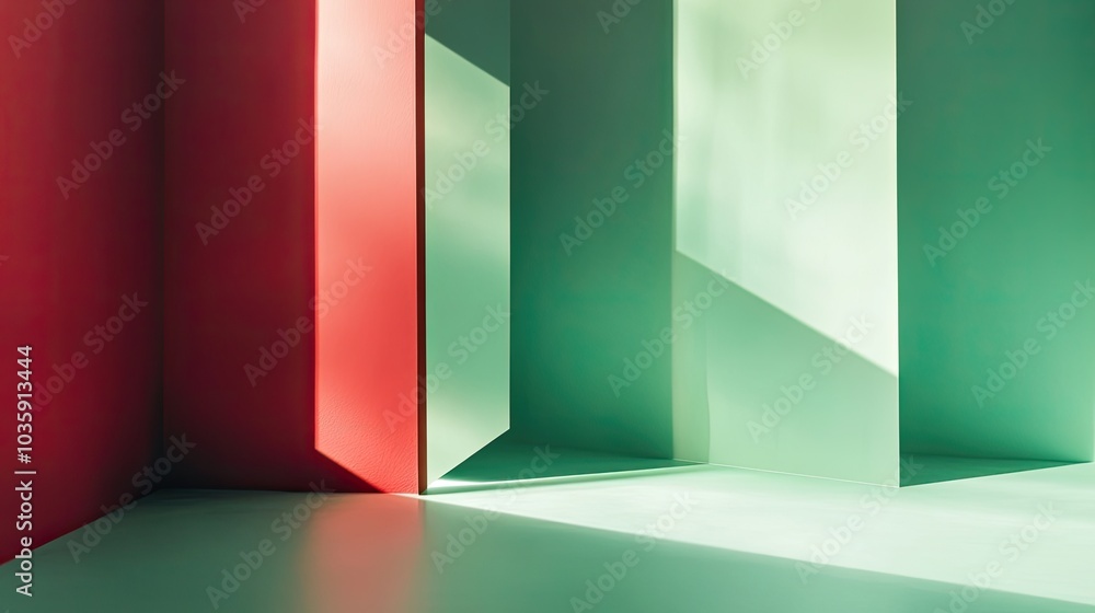 Poster clean and contemporary abstract background in green and red, with subtle light and shadow, perfect f