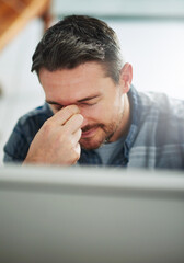 Overworked, headache and businessman in office by computer with eye strain for blurry vision. Stress, migraine and mature male copywriter by technology with fatigue, burnout and tired in workplace.