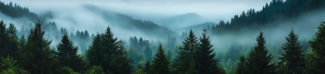Fototapeta premium Captivating view of pine trees blanketed in morning fog.