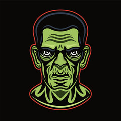 Halloween monster head frankenstein vector illustration in colored style on dark background