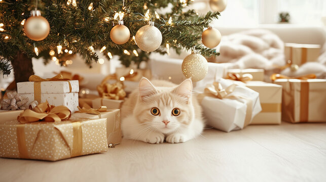 A cute cat peeking out from under a Christmas tree, nestled among the presents and ornaments