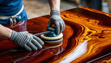 Professional wood polishing with a circular buffer, highlighting the natural beauty of brown and amber wood grains
