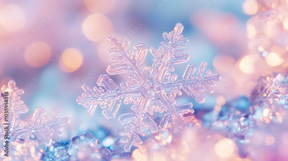 Poster a delicate snowflake rests in the middle of a snowy scene with bokeh lights in the background.