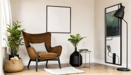 A stylish reading nook featuring a cozy armchair with a grey pillow, a framed mockup  for artwork on the wall. Modern design