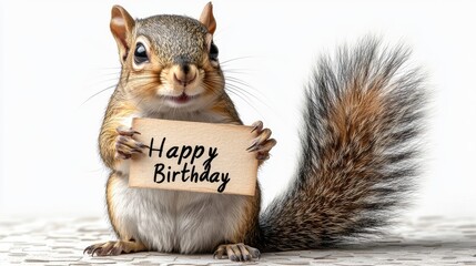 Cute squirrel holding a 'Happy Birthday' sign against a white background.