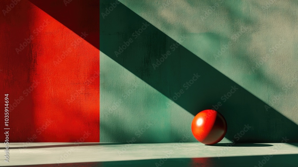 Poster minimalist abstract design in green and red, offering a modern aesthetic with light and shadow for a