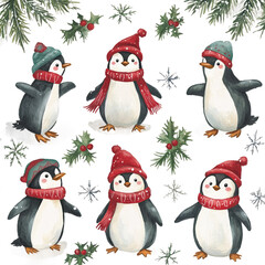 Fototapeta premium Christmas Clip art penguins with a hat that says penguin watercolor Illustration Background.