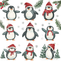 Christmas Clip art penguins with a hat that says penguin watercolor Illustration Background.