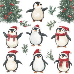 Christmas Clip art penguins with a hat that says penguin watercolor Illustration Background.