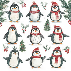 Christmas Clip art penguins with a hat that says penguin watercolor Illustration Background.