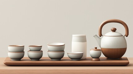 The delicate Japanese tea set rests on a warm wooden tray, inviting a moment of serene tea enjoyment and tradition