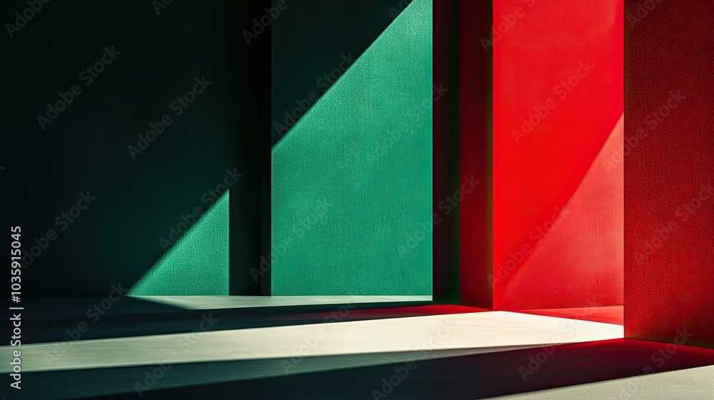 Poster modern minimalist background in green and red, featuring a sleek design with light and shadow interp