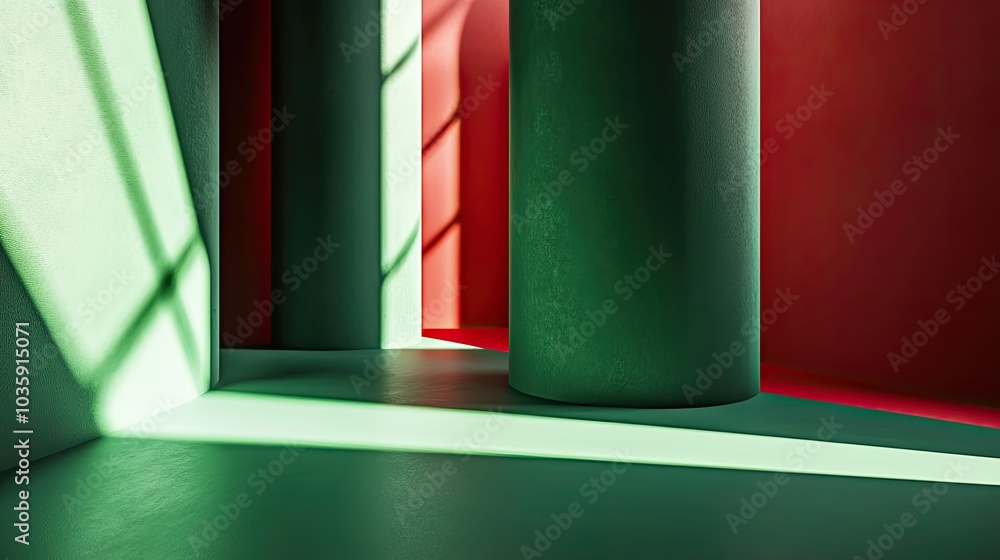 Poster modern minimalist background in green and red, featuring a sleek design with light and shadow interp
