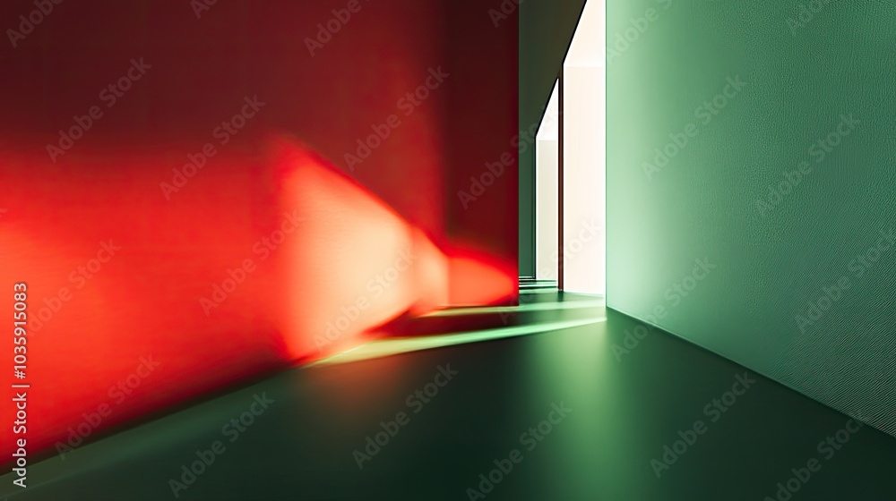 Poster modern minimalist background in green and red, featuring a sleek design with light and shadow interp