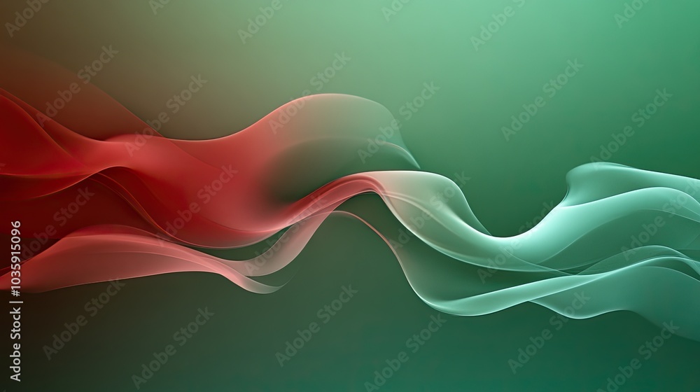 Poster modern minimalist background in green and red hues with faint smoke and shadow accents, adding depth