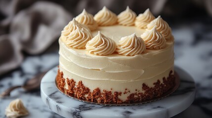 Delicious vanilla cake adorned with creamy frosting swirls on a marble stand.