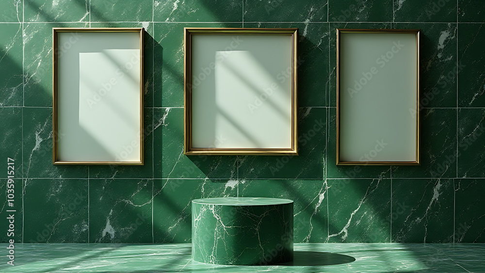 Poster Unique art piece features green marble background with blank frames and a cylinder pedestal design in an art deco style.