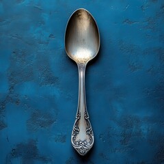 Elegant vintage silver spoon on a textured blue background.