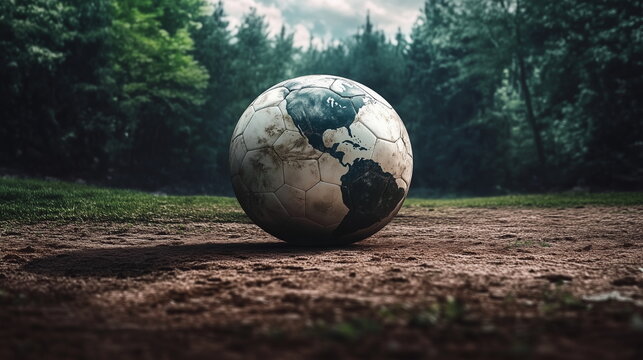 football with  world globe  pattern on it, on the ground in front of a forest, symbolising planetary popularity of soccer