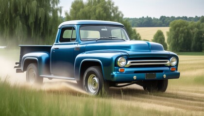 Vintage pickup truck driving on a dirt road through a field, creating a trail of dust. Illustration by Generative AI.