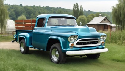 Vintage pickup truck parked on grass with a backdrop of trees. Illustration by Generative AI.