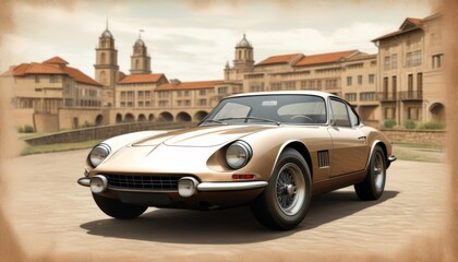 A golden vintage sports car is parked in front of an old building with towers and arches. The car features a sleek design with round headlights and wire-spoked wheels. Illustration by Generative AI.