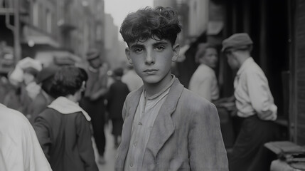 Naklejka premium Young Man on a Crowded Street in New York – 1940s Urban Life and Historical Scene
