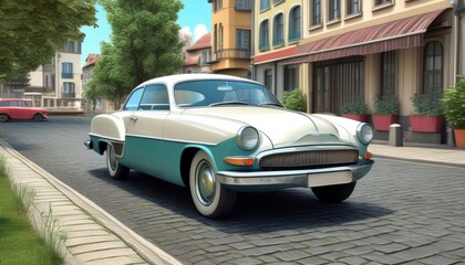 A classic vintage car parked on a cobblestone street in front of modern buildings. The scene is set on a sunny day with trees in the background. Illustration by Generative AI.