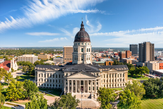 Aerial view of Kansas State Capitol, in Topeka on a sunny day. The Kansas State Capitol is the building housing the executive and legislative branches of government for the U.S. state of Kansas