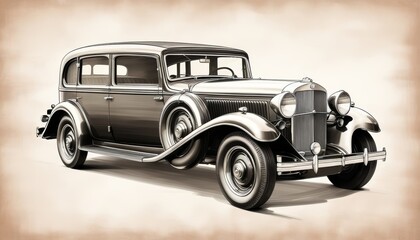 A vintage black and white sketch of a classic luxury car with large round headlights and elegant curves. The car features sophisticated 1930s design. Illustration by Generative AI.
