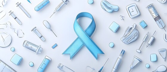 Fototapeta premium a simple blue awareness ribbon at the center of the wallpaper, surrounded by minimal vector icons such as insulin syringes, glucose monitors, and sugar cubes. world diabetes day