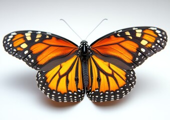 Fototapeta premium Close-up of a vibrant monarch butterfly with open wings displaying striking orange and black patterns.