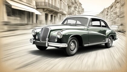 A retro car drives through a black-and-white cityscape, combining vintage charm with modern artistic flair. The sketch-style highlights its elegance and motion. Illustration by Generative AI.