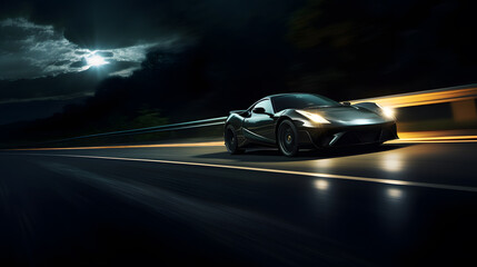 Imagine yourself cruising in a sleek, powerful sports car at night on a deserted highway, exuding luxury and speed under the glow of the moonlit sky, embodying elegance and performance