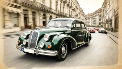 Naklejka premium A retro car drives through a black-and-white cityscape, combining vintage charm with modern artistic flair. The sketch-style highlights its elegance and motion. Illustration by Generative AI.