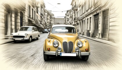 Obraz premium A retro sports car drives through a black-and-white cityscape, combining vintage charm with modern artistic flair. The sketch-style highlights its elegance and motion. Illustration by Generative AI.