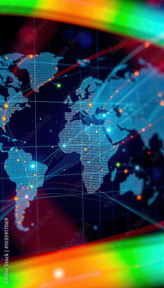 Aufkleber glowing world map with blue and green grid modern digital global network and communication theme ver