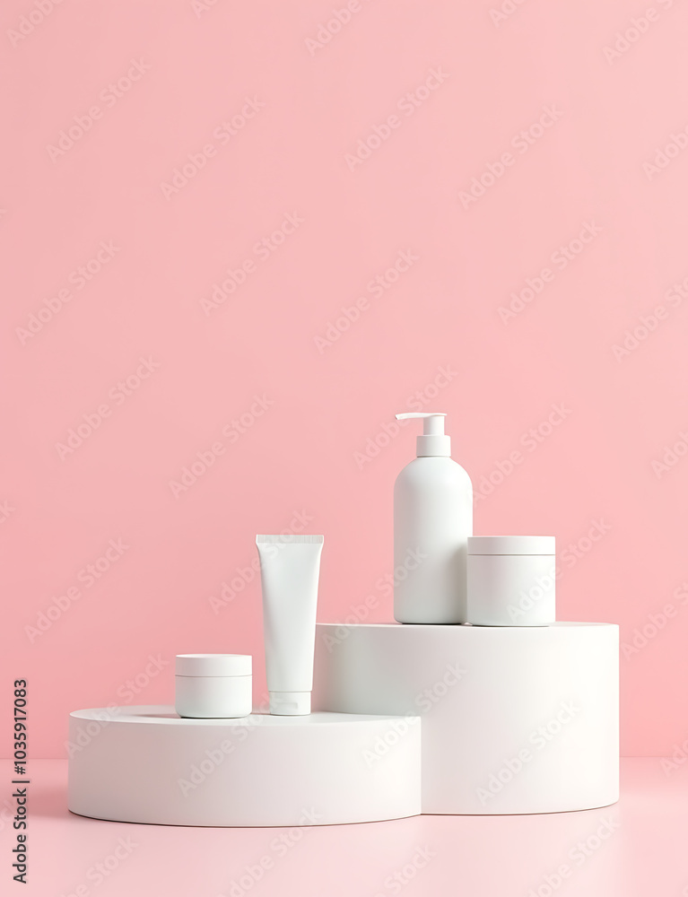 Poster white minimalist pedestal with pink background holds cosmetic products in a beautiful display setup 