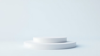 White cylinder podium has blue stripes for product display purposes.