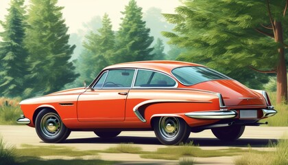 Retro car on a forest road. Illustration by Generative AI.